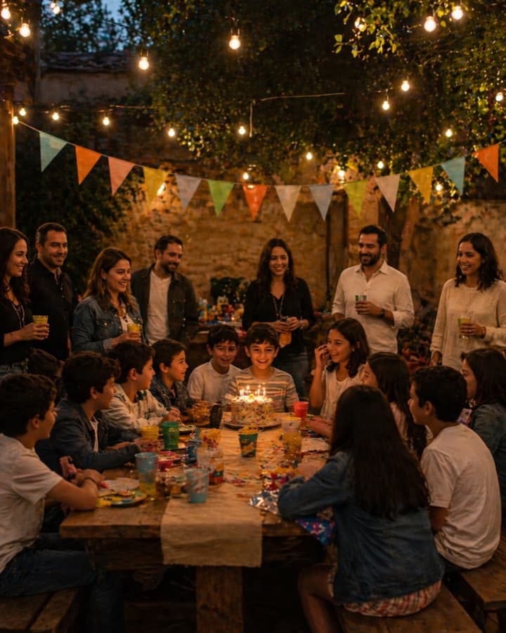 Niños y padres alrededor de una mesa con pastel y luces colgantes
