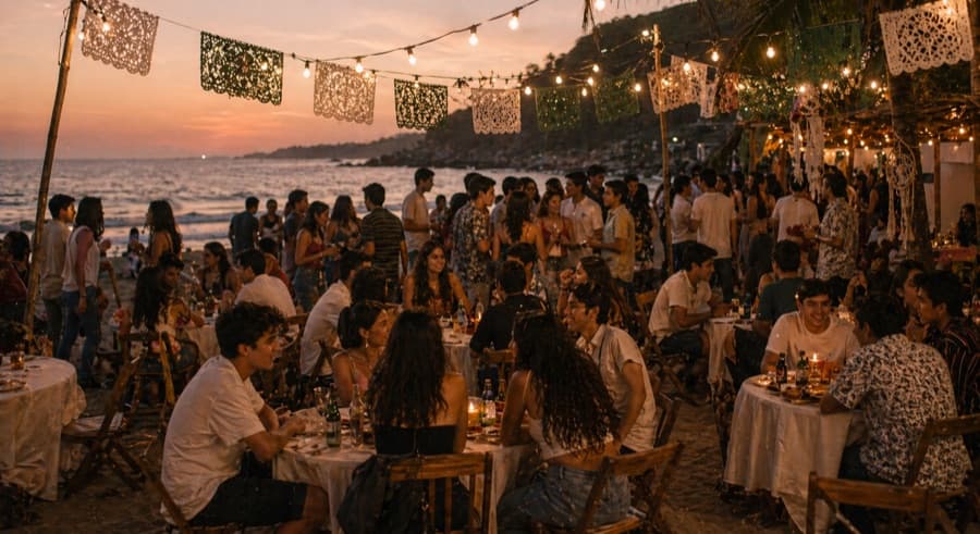 Reunión grande en la playa con papel picado y mesas al anochecer